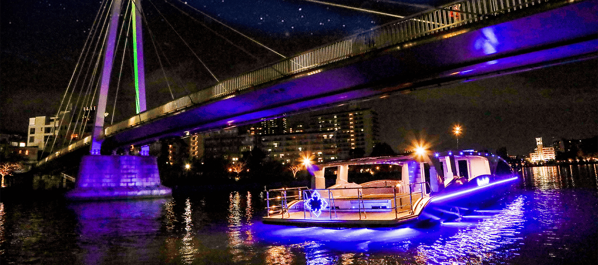 夜の大川をクルーズ船が進む様子